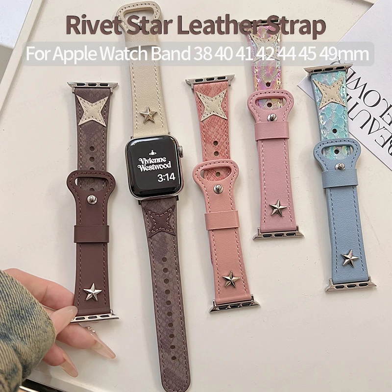 Rivet Star Leather Strap for Apple Watch Band 40mm 41mm 38mm 44 45 Ultra 49mm Women Wrist Bracelet for IWatch Series 9 8 7 SE 6