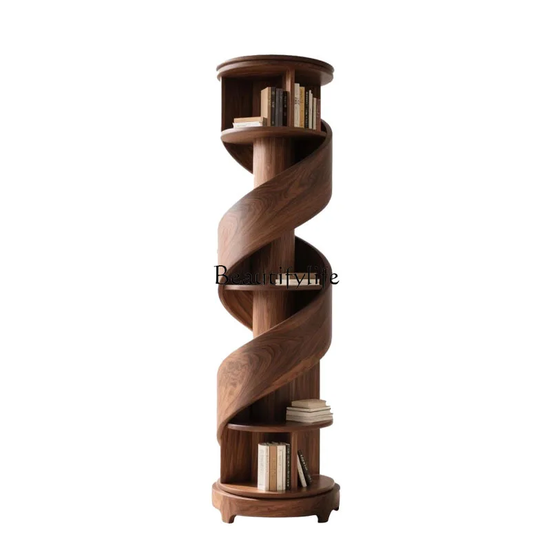 

ls 04New Chinese-style North American black walnut spiral bookshelf, living room wall solid wood shelf