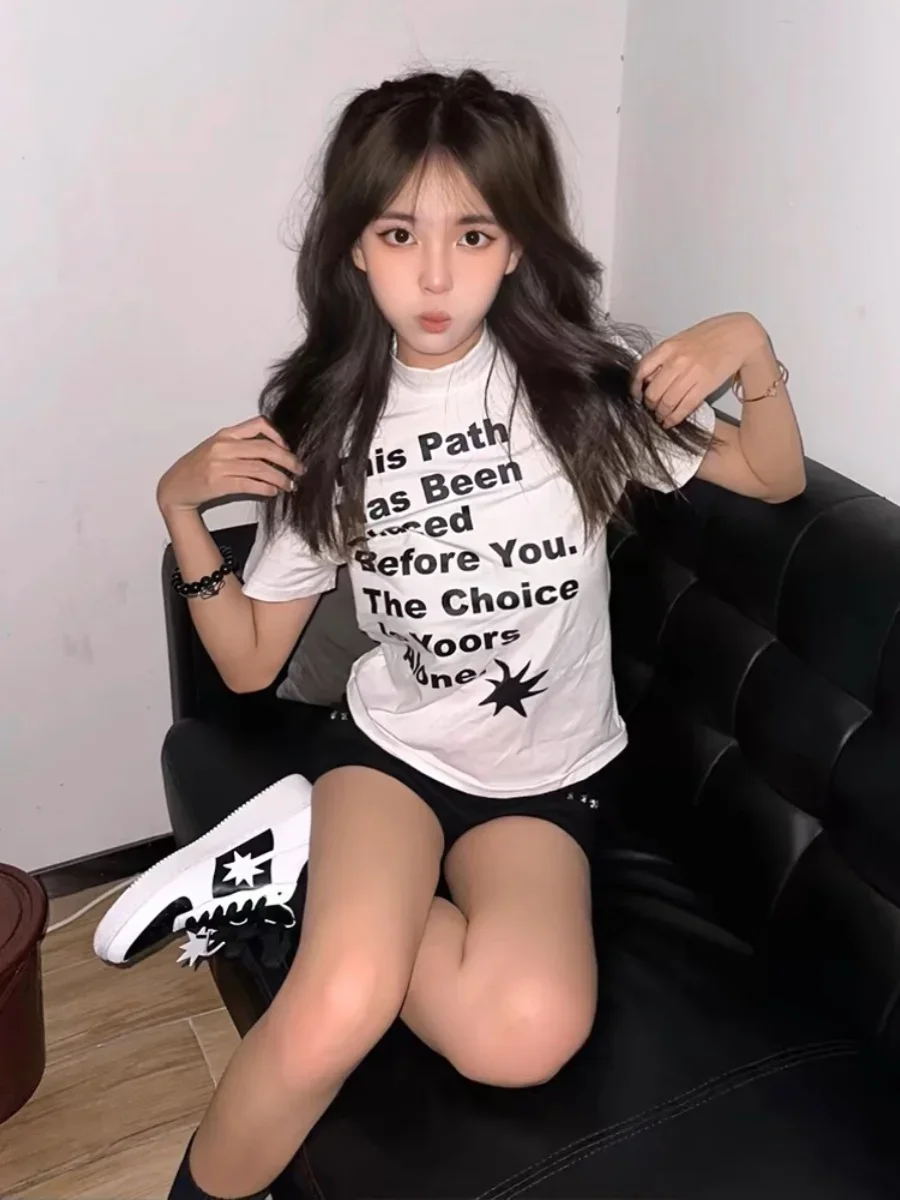 Women's White Short-sleeved Summer Design with All-match Letters on The Shoulders Vintage Summer Streetwear Women Clothing Y2K
