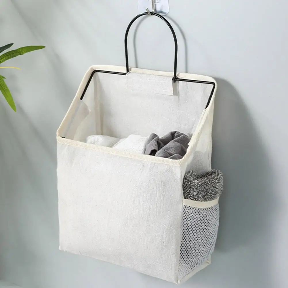 Bedside Storage Organizer Bedside Hanging Pocket Capacity Cotton Linen Storage Hanging Bag with Mesh Pocket for Dorm Room