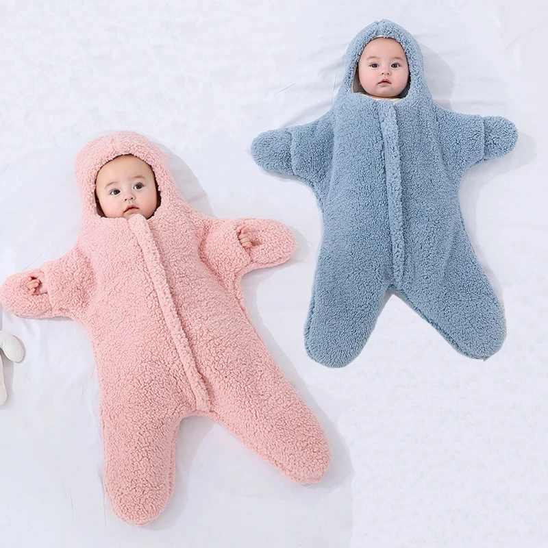 Starfish Baby Sleeping with Feet Bag Zipper Autumn Winter Newborn Baby Swaddle Stroller Blanket Wrap Fleece Cotton Baby Bedding