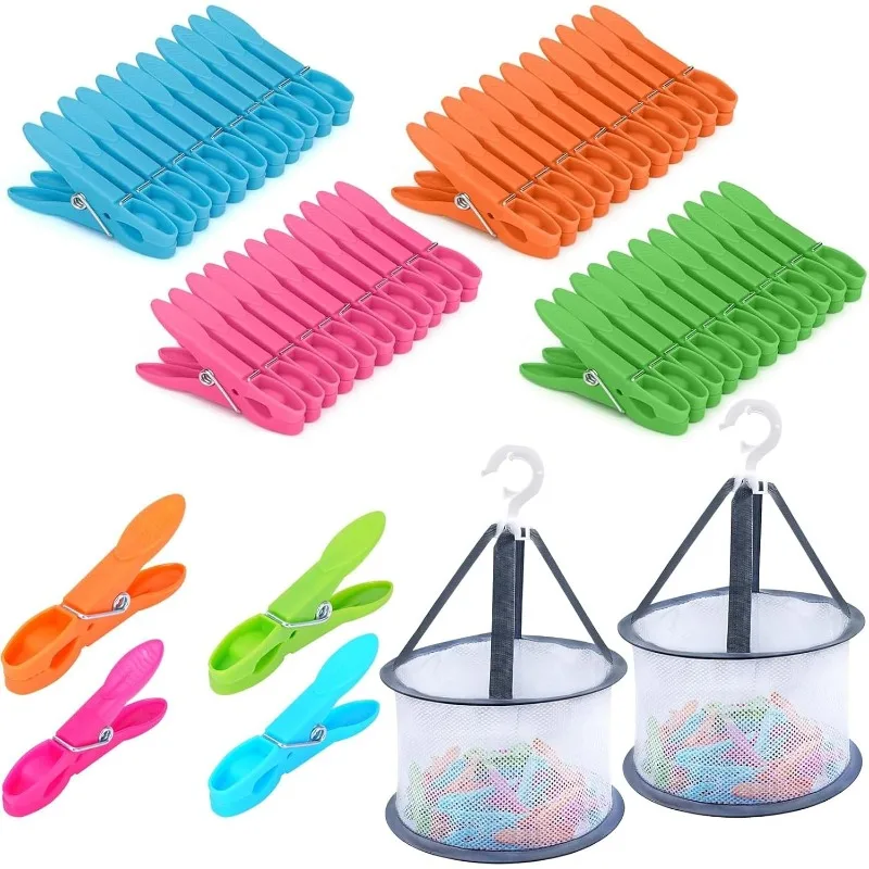 Buntes Wäscheklammern-Set aus Kunststoff mit Aufbewahrungskorb, langlebige Wäscheklammern zum Aufhängen von Kleidung im Freien, drinnen und zu Hause – Detail 2