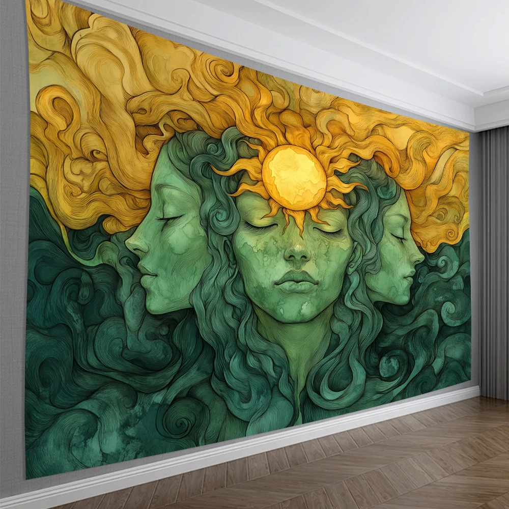 Sun Goddess Tapestry, Tri-Faced Woman with Golden Sun Crown, Psychedelic Art Wall Hanging for Living Room Bedroom Decor