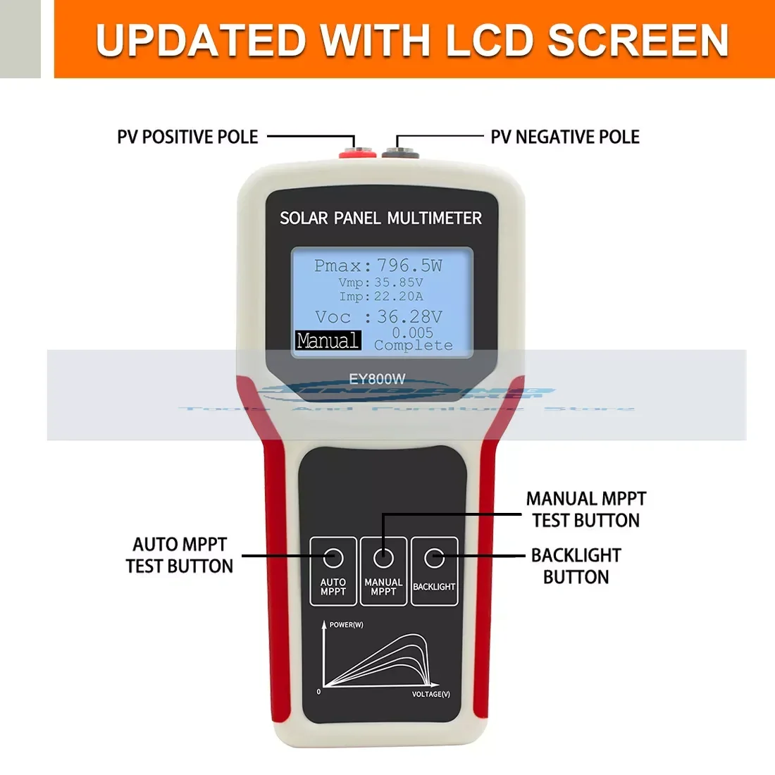 EY800W MPPT LCD Display Solar Panel PV Tester Smart Current Voltage Multimeter Tester Digital Meter Solar Power Tester VOC