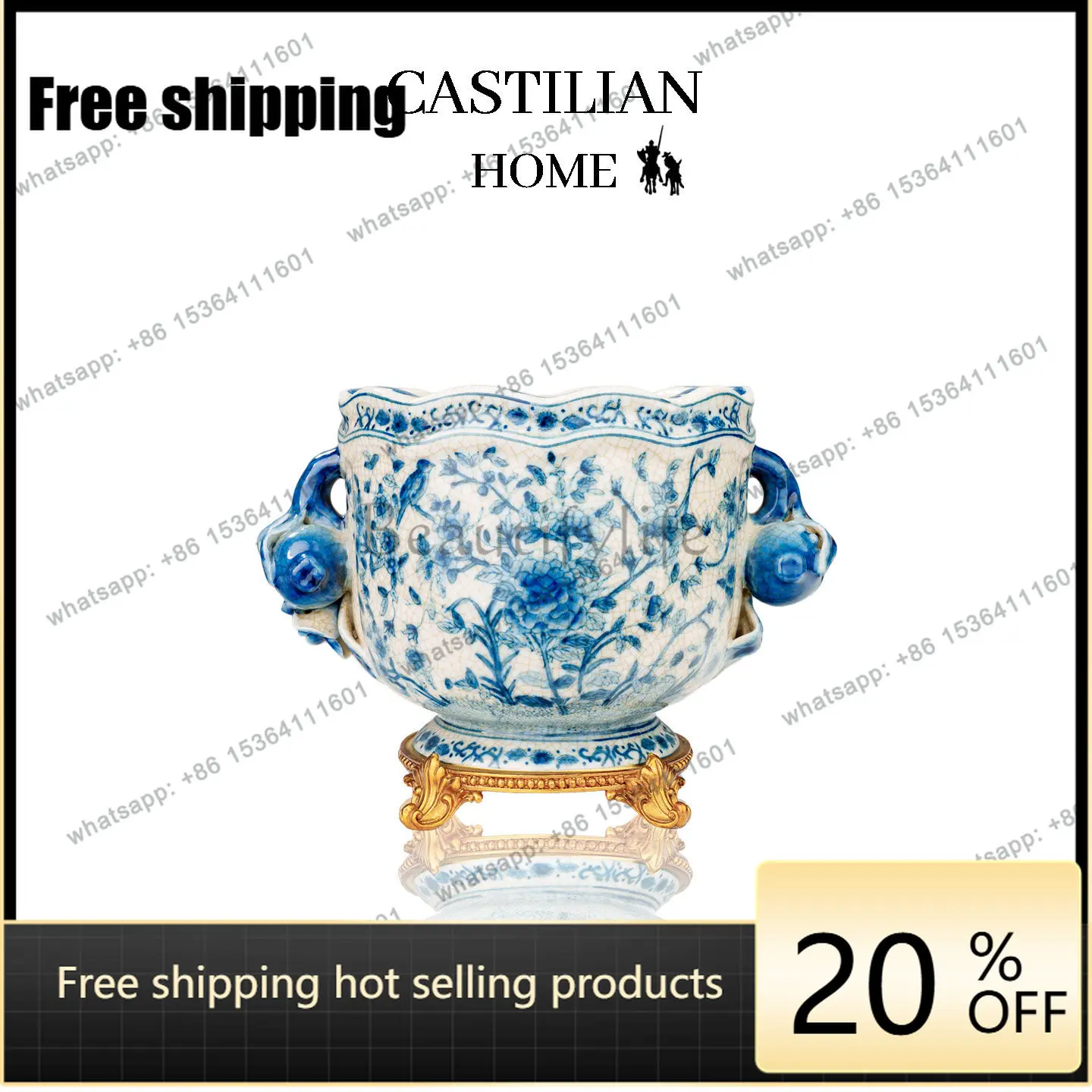 HOT Chinese style blue and white porcelain vase ornament Chinese ice bucket high-end decoration C6473