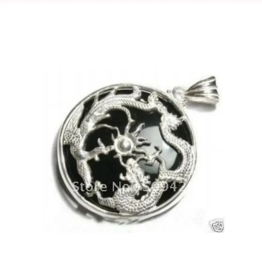 

Black jade silver dragon phoenix pendant necklace