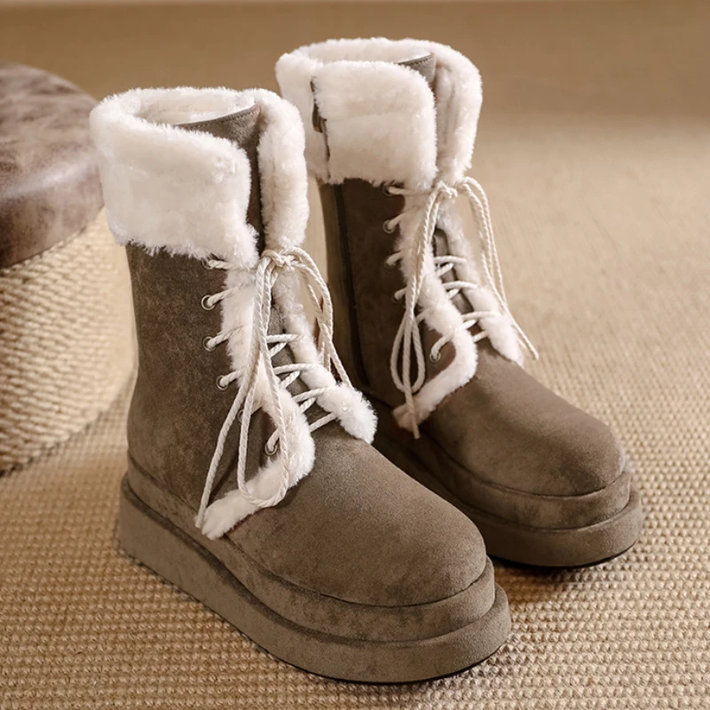 Short High-Rise Thick-Soled Mid-Calf Snow Boots for Women British Retro Boots Fleece-Lined Thick Furry Shoes 2024 Winter New