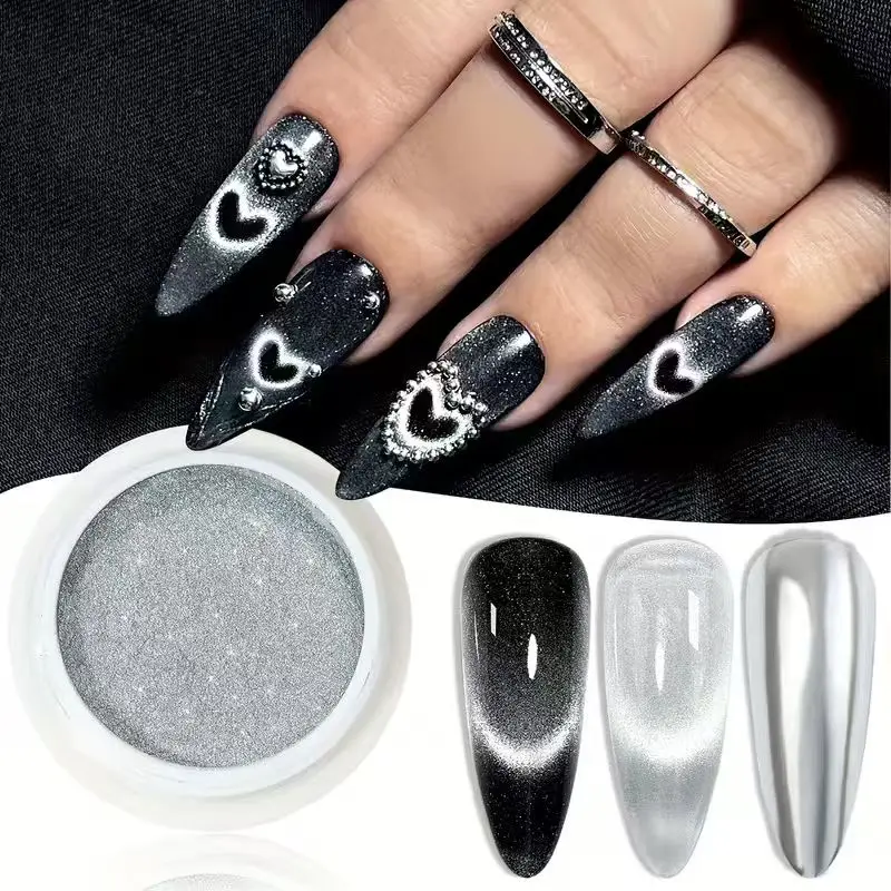 علبة واحدة من جليتر أظافر عين القطة بمرآة سحرية فضية، بما في ذلك فرشاة واحدة، وبودرة طلاء أظافر كروم معدني، وملحقات أظافر Y2K
