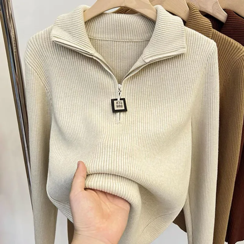 

Women's Korean Fashion Simple Polo Collar Half Zipper Ribbed Knitted Sweater Autumn Winter Solid Long Sleeve Loose Pullover Tops
