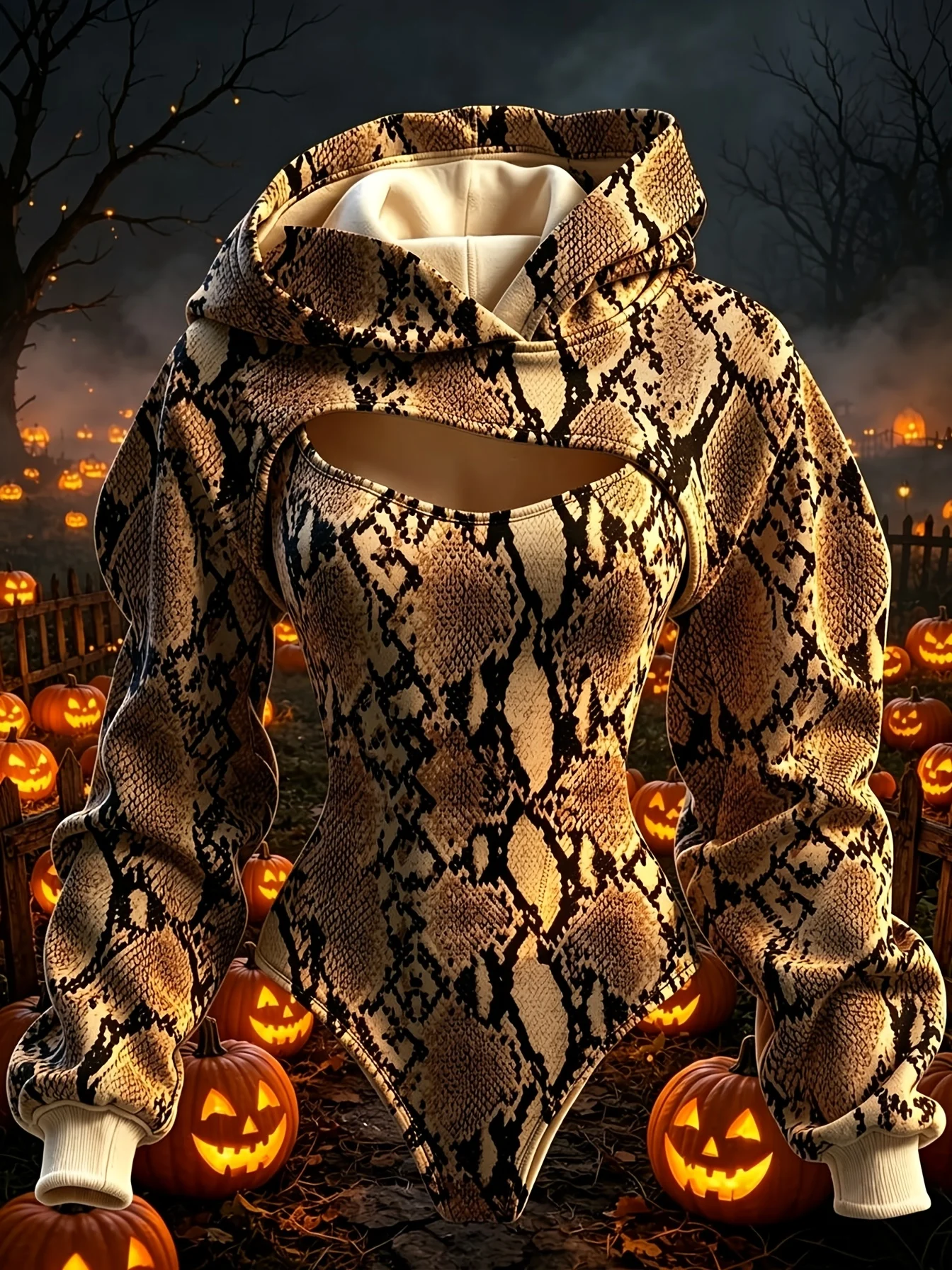 Women Halloween Snake Skin Print Double Hood Bodysuit Hollow Out Long Sleeve Slim Hoodie