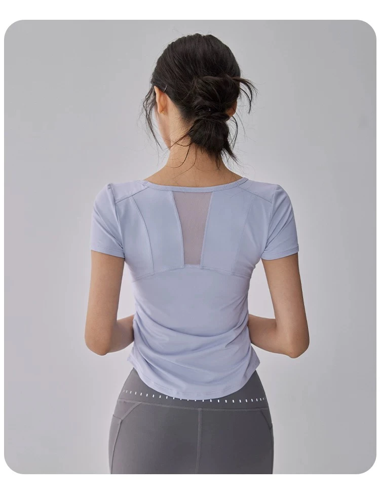 Neues Sommer-Sonnenschutz-Sporttop für Damen, atmungsaktiver Mesh-Yoga-Anzug, schnelltrocknend, kurzärmelig, schlankmachender Fitness-Anzug – Detail 3