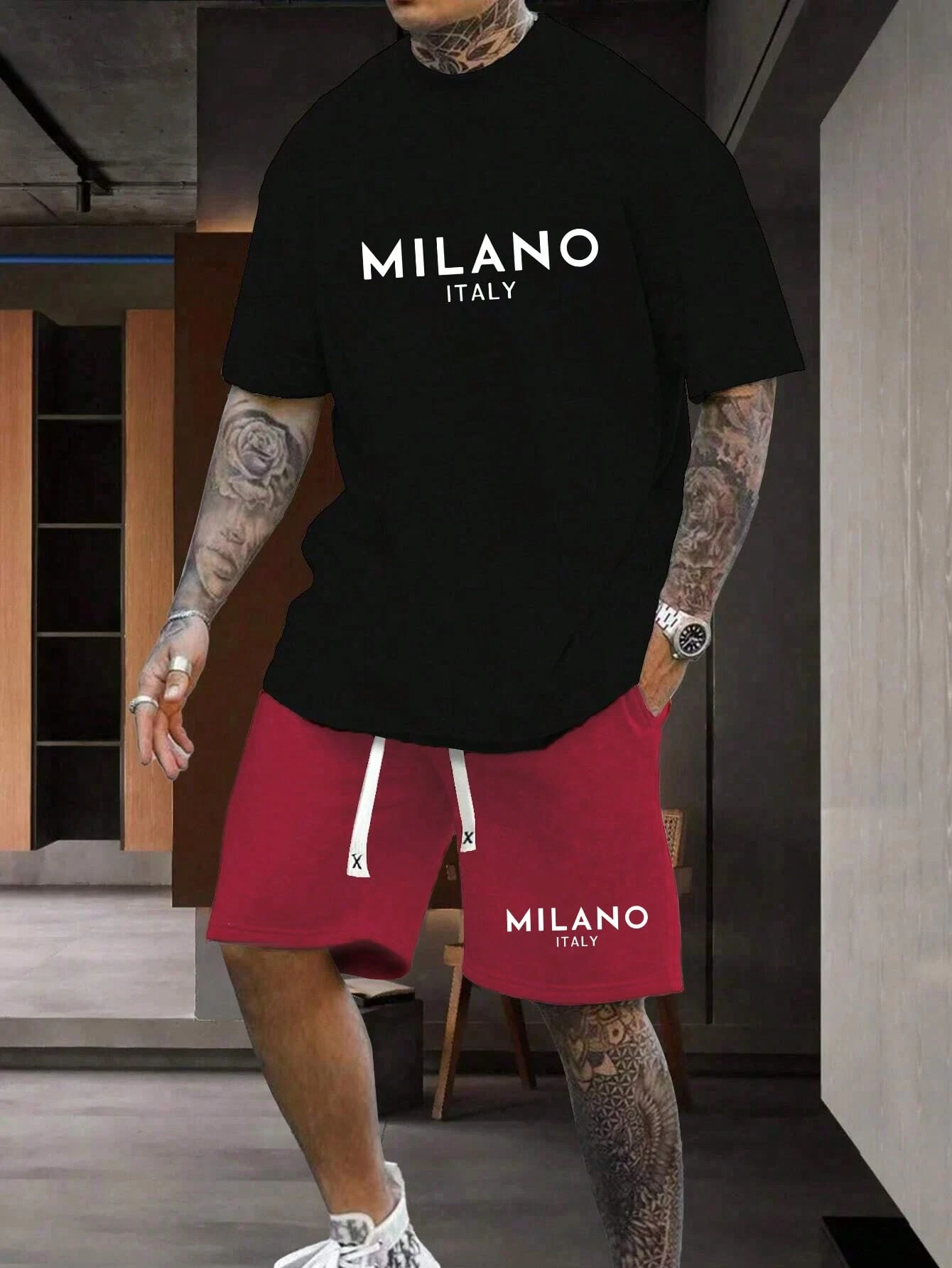 Man Soild Color Letter Print Sports T-shirt Shorts Set Summer Men's Short Sleeve Top Drawstring Shorts 2-piece Set Plus Size 6XL