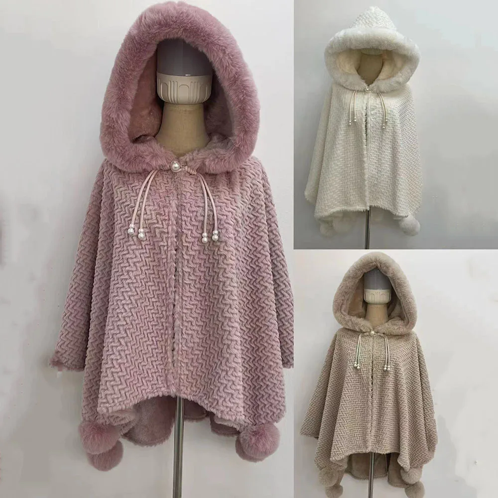 3 Colors Winter Knitted Poncho Cape Women Loose Hooded Cloak Women Faux Rabbit Fur Collar Big Pendulum Poncho Coat Ladies Shawls