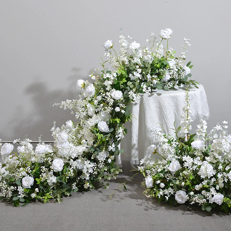 Green White Artificial long Runner Flower Row Wedding Decoration Table Centerpiece Flower Ball Road Leading Decor Event props