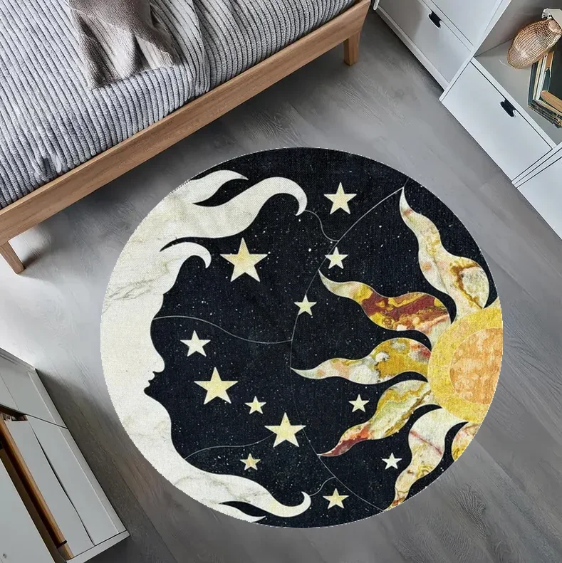 Night Forest Rug with Owl Rabbit Round Rug Mystical Celestial Moon Carpet for Nature Lovers Kids Room or Magical Woodland Decor