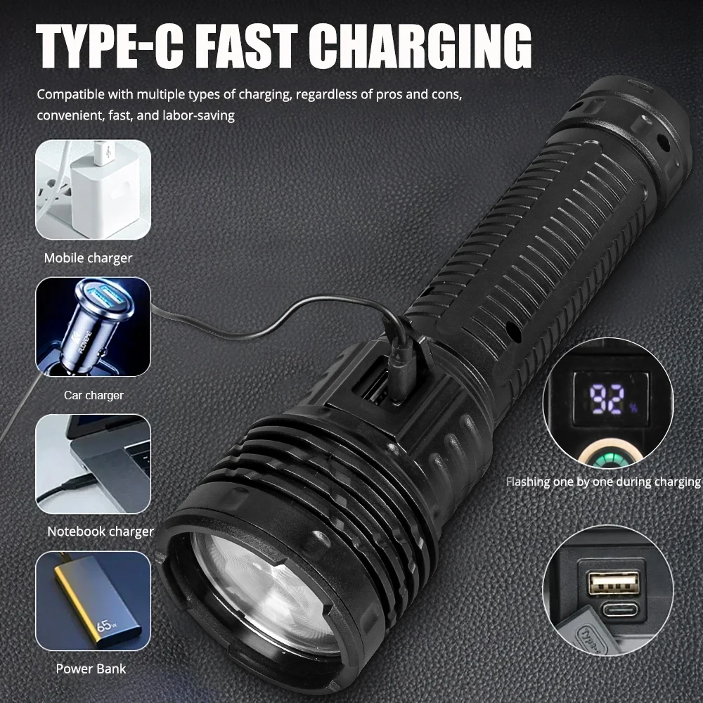 Powerful Led Flashlights 5000LM Ultra Bright Tactical Light with Tail Light Emergency Telescopic Zoom Light Built-in Battery