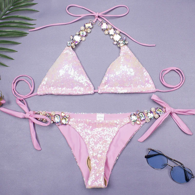 Lantejoulas Sexy Biquínis Maiô Com Strass Mulheres Swimwear Feminino Push Up Bikini Praia Swim Wear Trajes De Banho Piscina Banhista