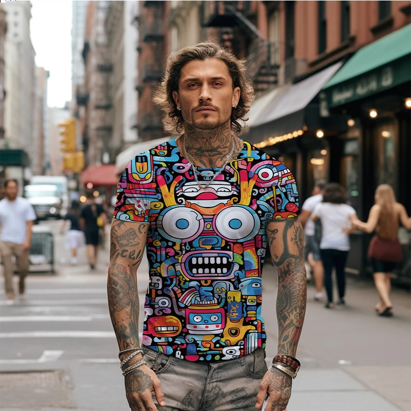 Summer new men's T -shirt color stitching machine 3D print men's T -shirt casual men's T -shirt trend fashion men's T -shirt