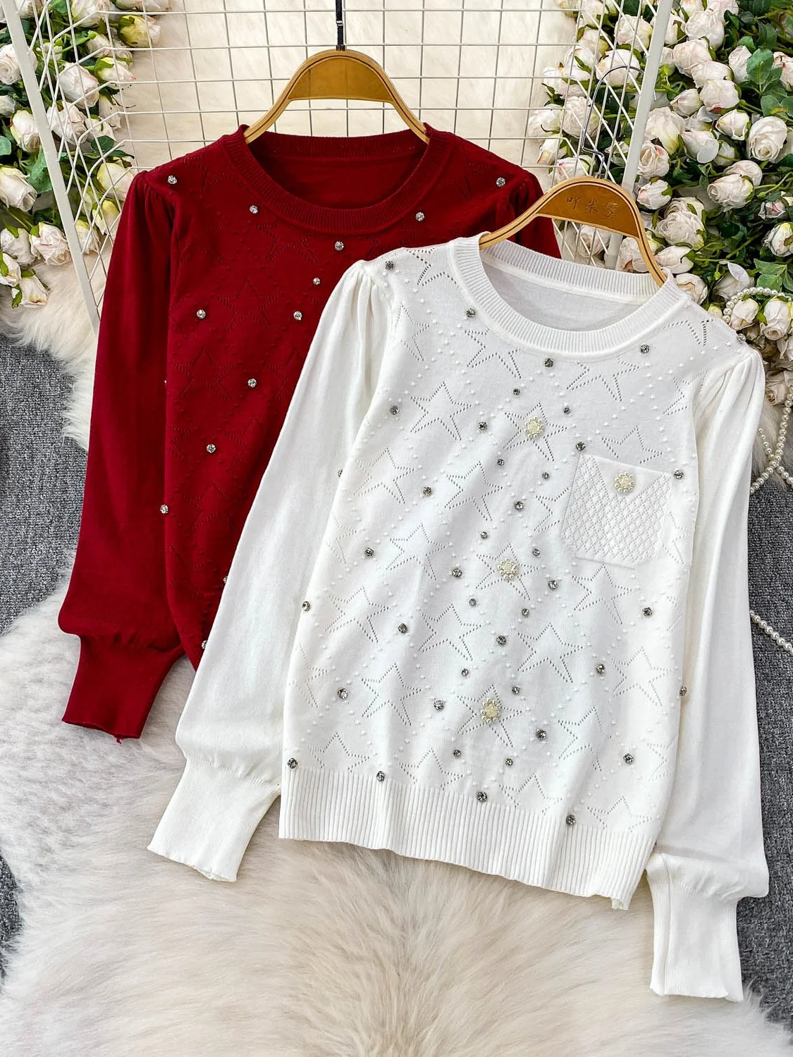 Sweter Rajutan Putih Wanita Pakaian Rajut Pelangsing Longgar Berlian Berhias Berat Wanita Musim Gugur Musim Dingin Faion Sle Korea Perjalanan