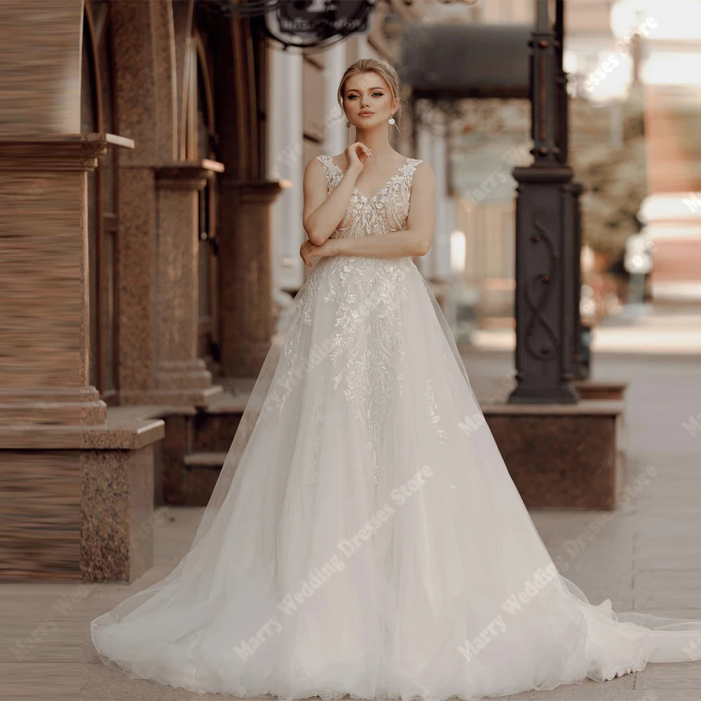 

Sweetheart Collar A-Line Women Wedding Dresses Fashion Lace Flower Printing Tulle Bride Gowns Ball Vestidos De Novias Customized