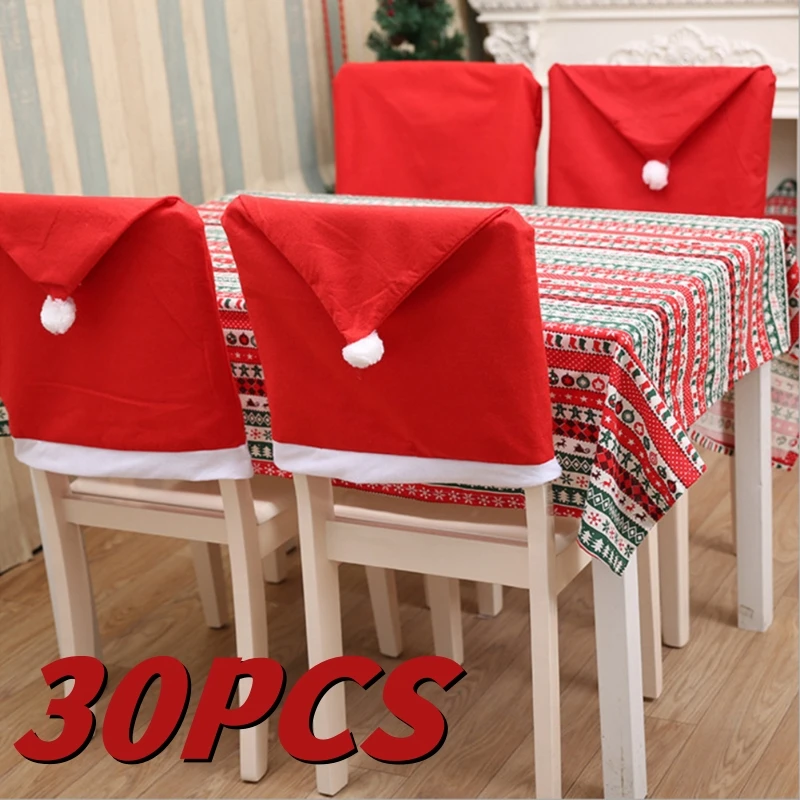 30PCS Christmas Santa Hat Dining Chair Covers Decoration Red Christmas Chair Covers Santa Hats Christmas Decorations