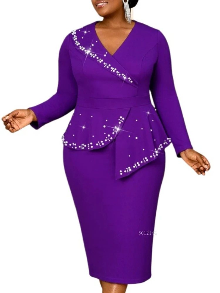 

Женское элегантное платье из бисера с отложным воротником и длинным рукавом с баской на животе, облегающее бедра, вечернее платье для свадебного гостя