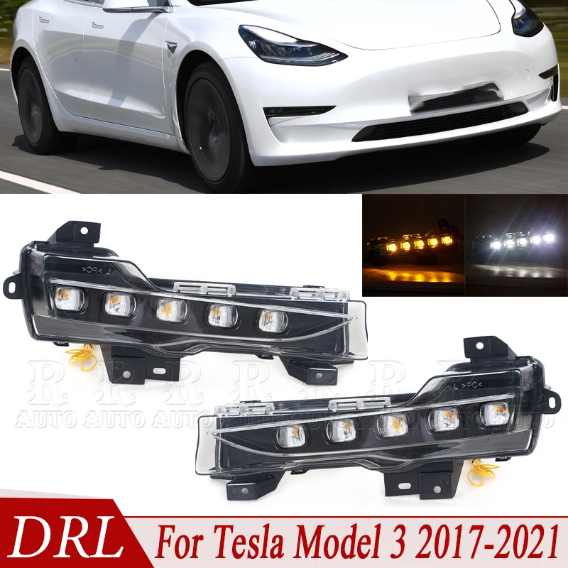 Car Front Bumper 2Pcs LED Daylight Fog Lamp Turn Signal Light DRL Daytime Running Light For Tesla Model 3 2017-2019 2020 2021
