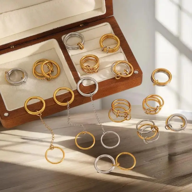 Модное уникальное женское кольцо из нержавеющей стали 2025 года — водонепроницаемое золотое, полый нерегулярный геометрический дизайн, очаровательные ювелирные изделия