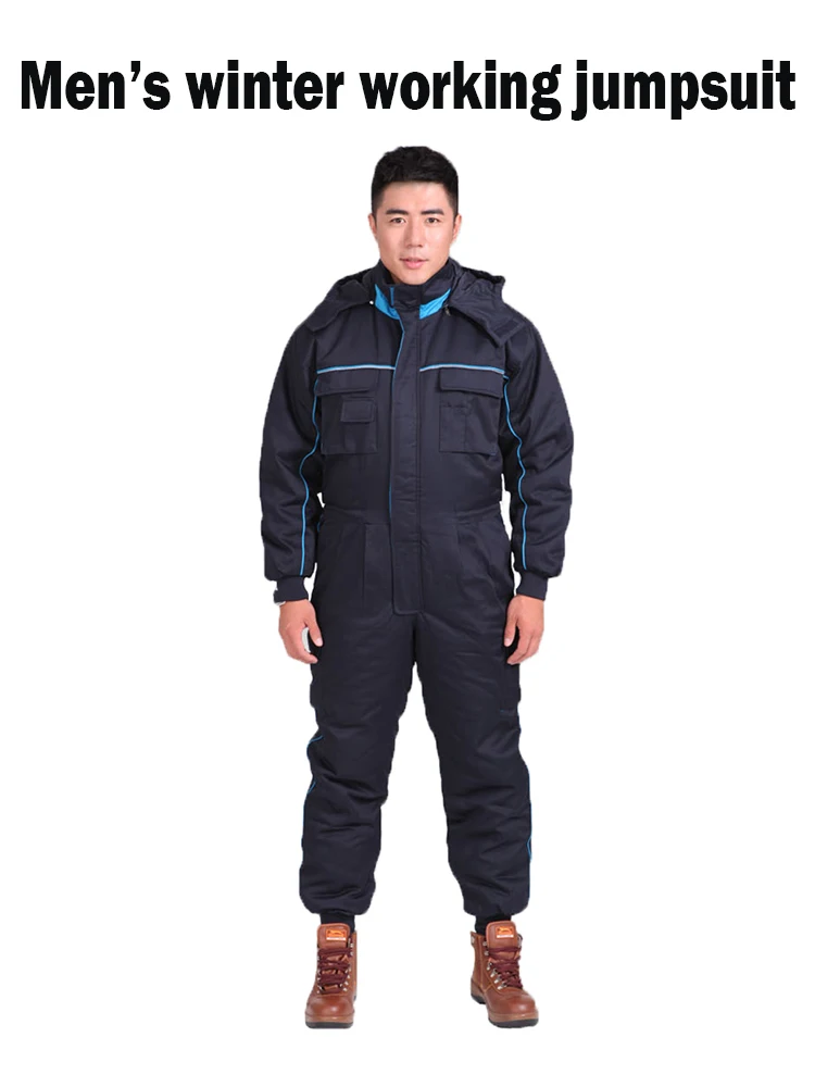 

women and men's dark blue winter autumn worker warm jumpsuit with many functional pockets,zippers and cap for saftey work