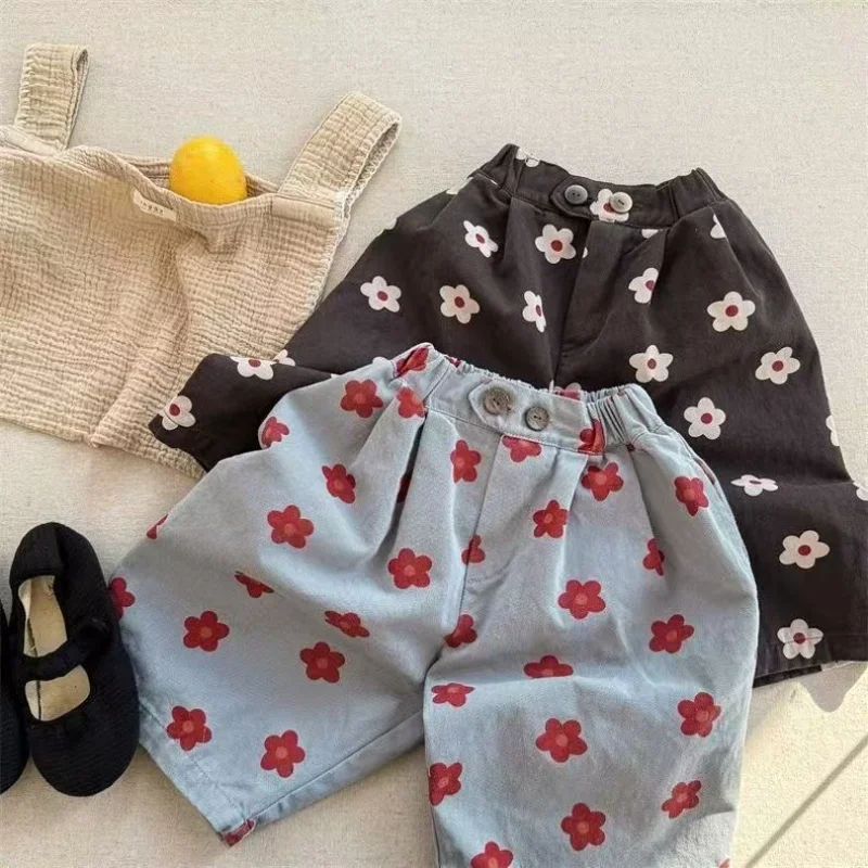 

2025 Spring New Children Casual Pants Fashion Flower Print Girls Harem Pants Cotton Kids Loose Trousers Boys Cute Baby Clothes