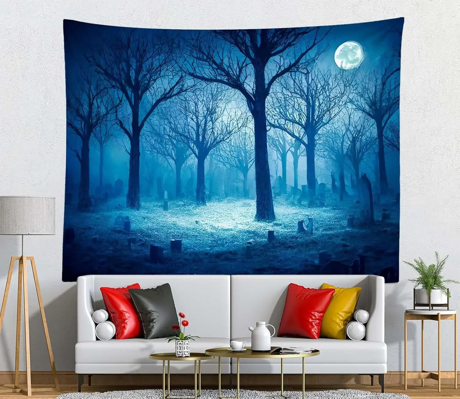 HD-Spooky Graveyard Wall Hanging – Haunted Forest & Cemetery Tapestry for Halloween Ghost Theme Decor