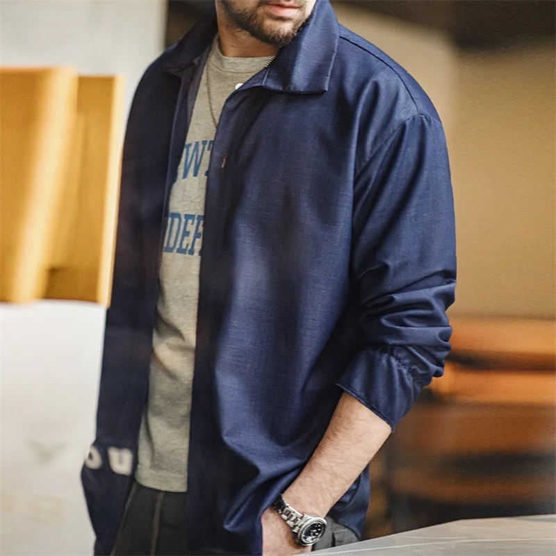 

Maden American Retro Style Loose Fit Long Sleeve Denim Shirt Men's Spring Season Thin Drape Collar Silk like Fabric Workwear