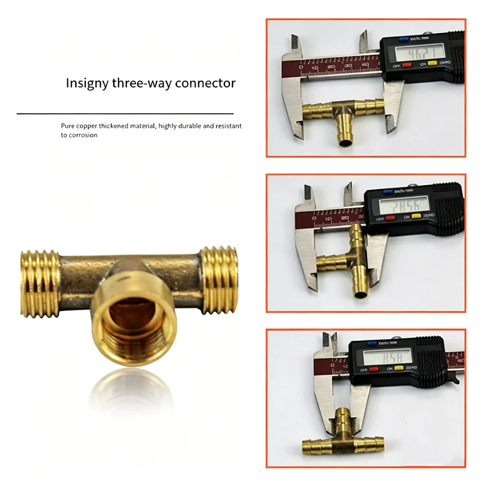 Three Way Brass Adapter For 14mm Garden Hoses With Replaceable Thread Orientation To Support Variable Hose Layouts