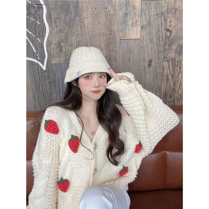 

Женский вязаный кардиган с 3D-узором в виде клубники, мягкий, с V-образным вырезом, длинными рукавами, свободного кроя, на весну-осень
