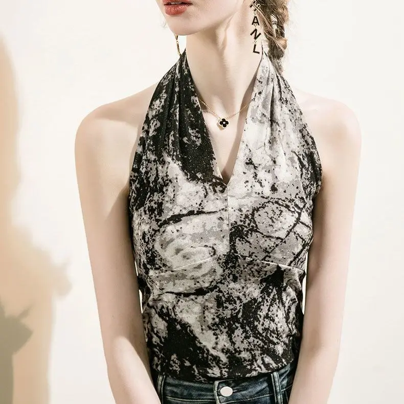 

Halter Print Tank Top Women's New Summer Stylish Sexy Off Shoulder Top