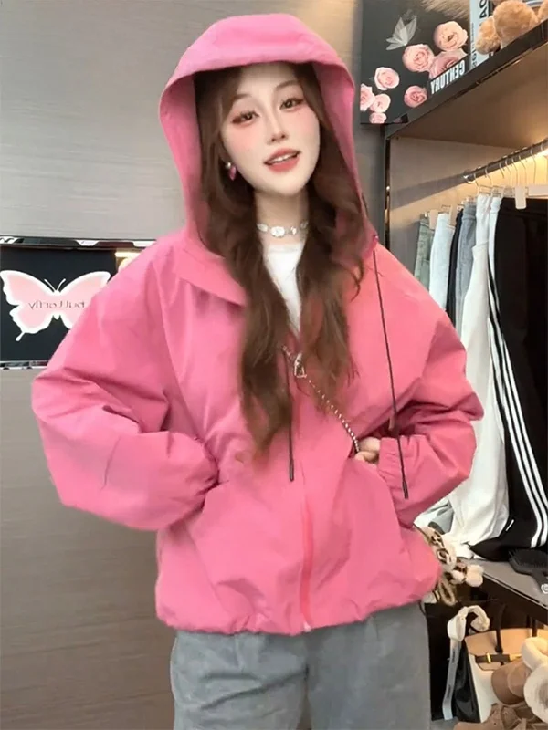 Casual Short Women's Jacket Hooded Zipper Closure Fashionable All-Match Spring Autumn Korean Style Casual Coat Top
