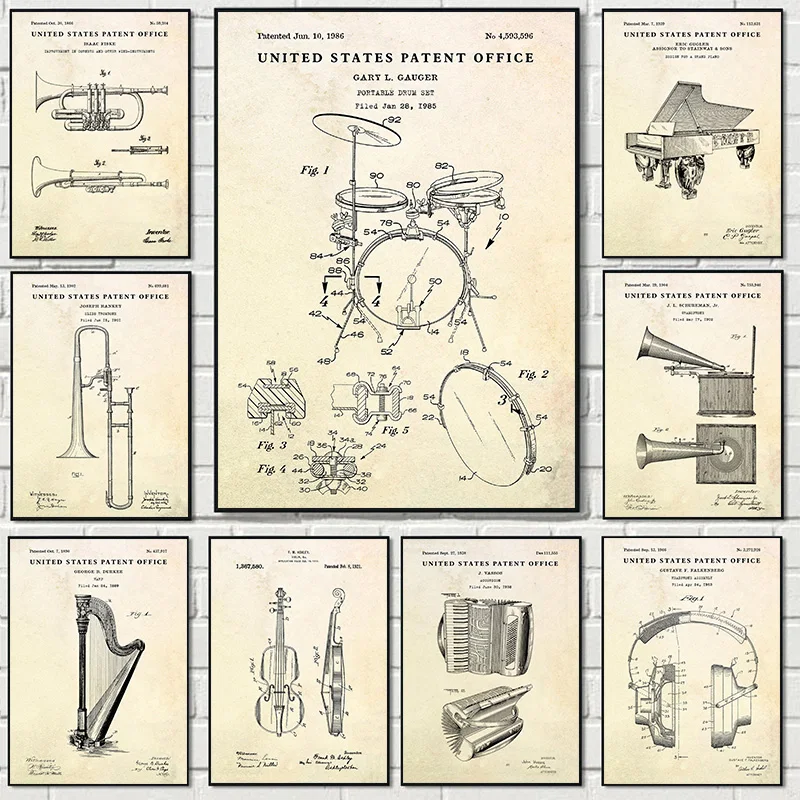 Instrumentos clásicos, violín, Piano, acordeón, guitarra, patente, póster Retro, pinturas en lienzo, arte de pared, imágenes, sala de música, decoración del hogar