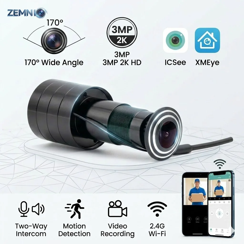 Cámara de Seguridad para Mirilla de Puerta iCSEE, 3MP 2K HD 170 °   Cámara Wifi de Gran Angular Tipo Ojo de Pez para Red CCTV, Mini Cámara de Mirilla para Puerta, P2P Xmeye VMS