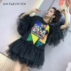 Cartoon Age-Reducing Fashion Loose T-shirt Dress Mesh Bubble Dress Short Summer Mini Dresses Suitable For Party Beach