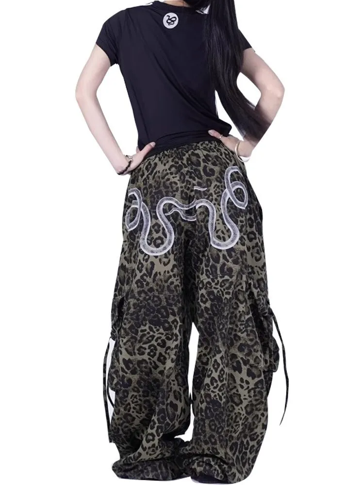 

Ретро американский змеиный принт, свободный крой, крутая уличная танцевальная одежда, лето 2025, новая рабочая одежда, спортивные брюки, повседневные брюки с прямыми штанинами