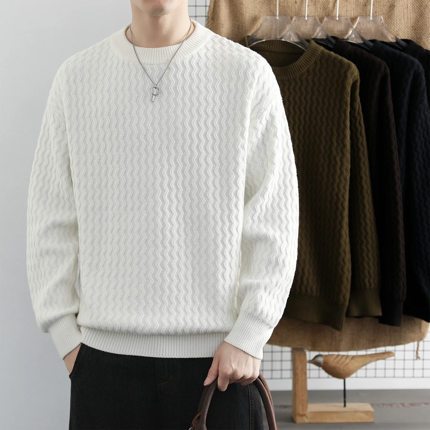 

Мужской вязаный свитер с круглым вырезом и ретро-текстурой, свободный крой, утепленный, зимний, из смесового хлопка и полиэстера, с длинными рукавами