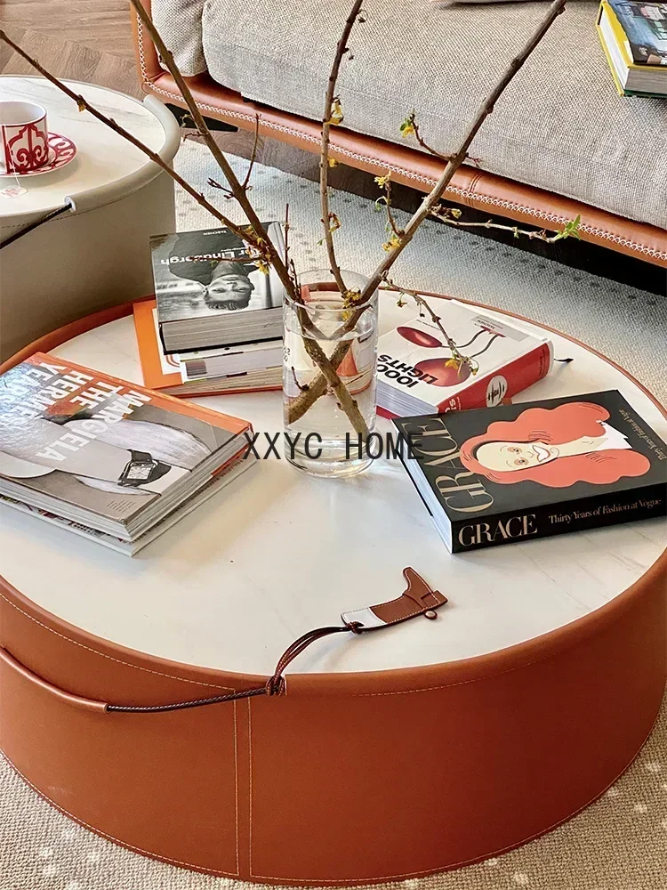 Minimalist First Layer Saddle Leather Natural Stone Plate Side Table High and Low Coffee Table Set