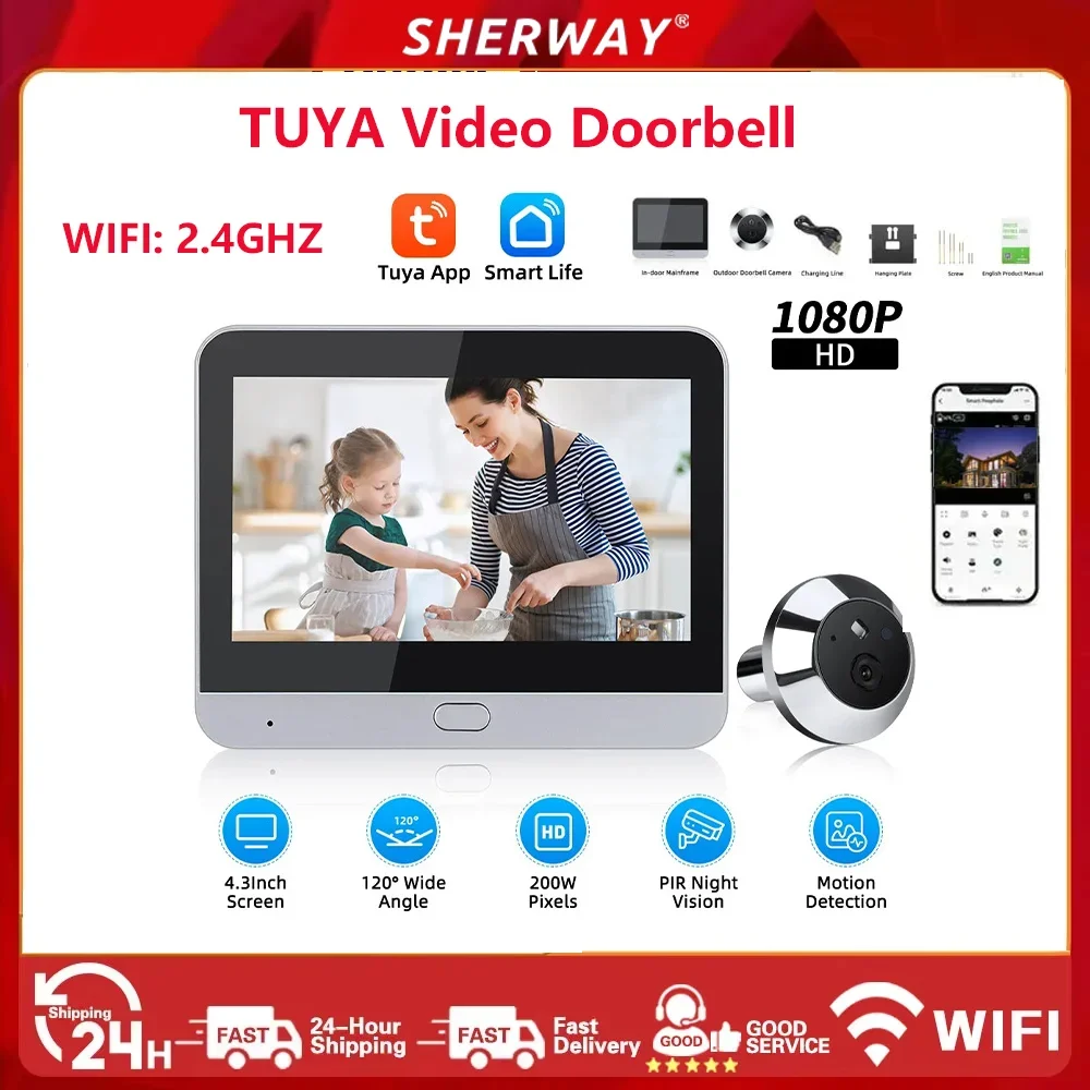 Tuya-Caméra grand angle, interphone unidirectionnel, détection de suivi des yeux vidéo, sonnette Wi-Fi, batterie 2.4 mAh, 4.3 GHz, 5000 pouces