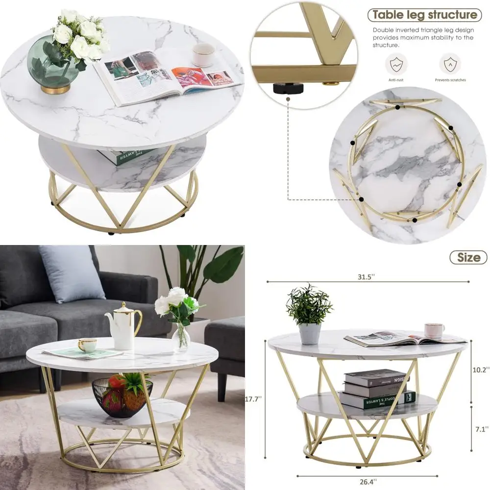 

Two-Tier Round Coffee Table with Storage Shelf and Gold Metal Frame for Living Room, White