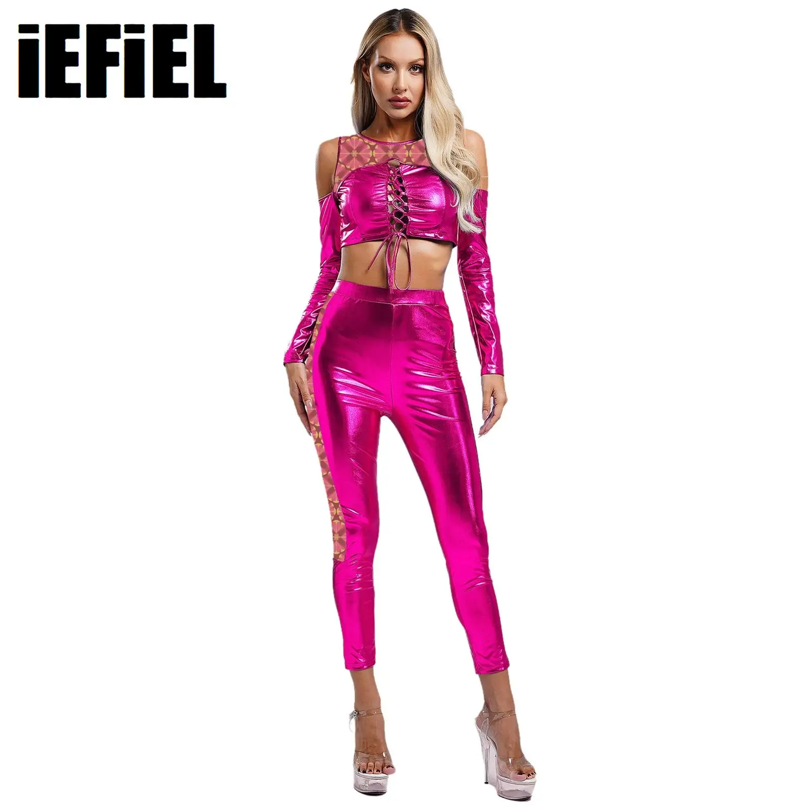 

Womens Metallic Shiny Dance Outfits Mesh Patchwork Cold Shoulder Lace-up Crop And High Waist Leggings Pants for Club Disco