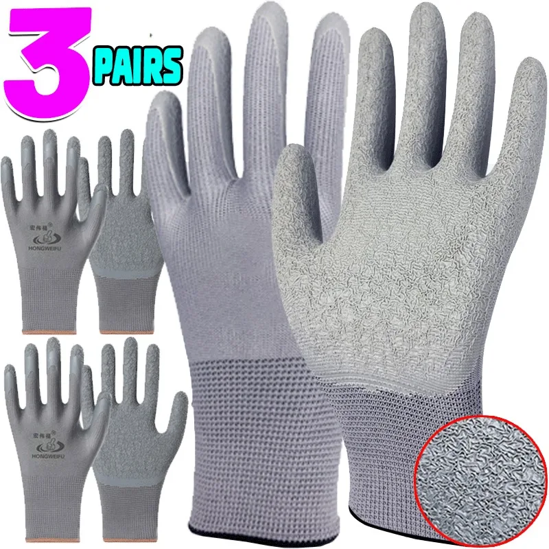 3pairs Safety Working Gloves Grey Pu Nylon Cotton Glove Industrial Protective Work Gloves Gardening Equipment For Women Men