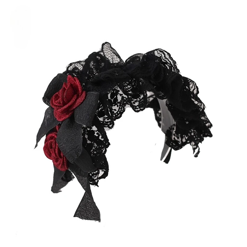 오리지널 블랙 앤 레드 레이스 로리타 헤드피스 인형 스타일 리본 팔찌 KC 고딕 로 마더 할로윈 헤어 액세서리