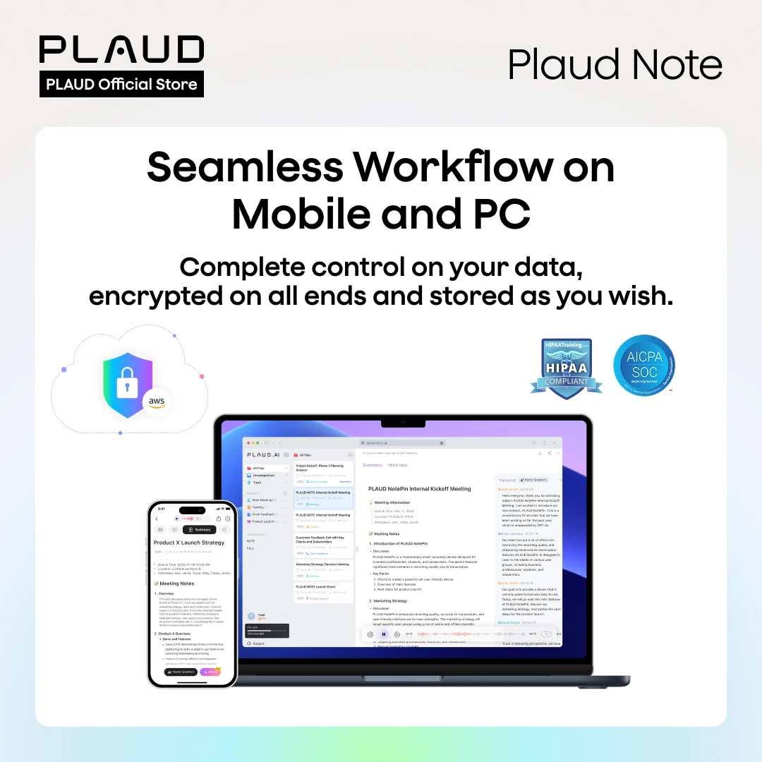مسجل صوت PLAUD NOTE AI، جهاز تدوين الملاحظات بالذكاء الاصطناعي للاجتماعات والمحاضرات والمكالمات ونقش الذكاء الاصطناعي والتجميع