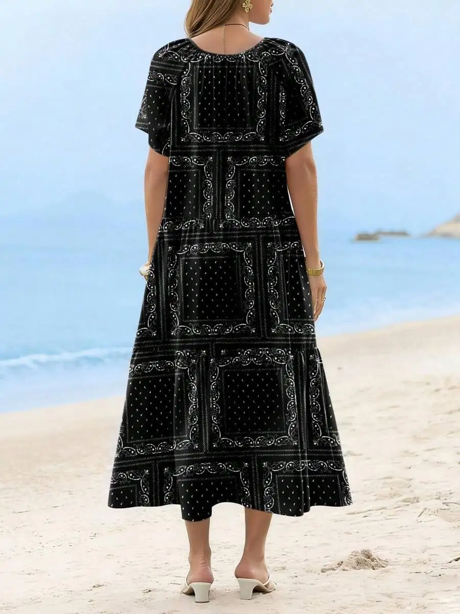 

Womens Summer Maxi Dress Short Sleeve Boho Beach Loose Vacation Sundress