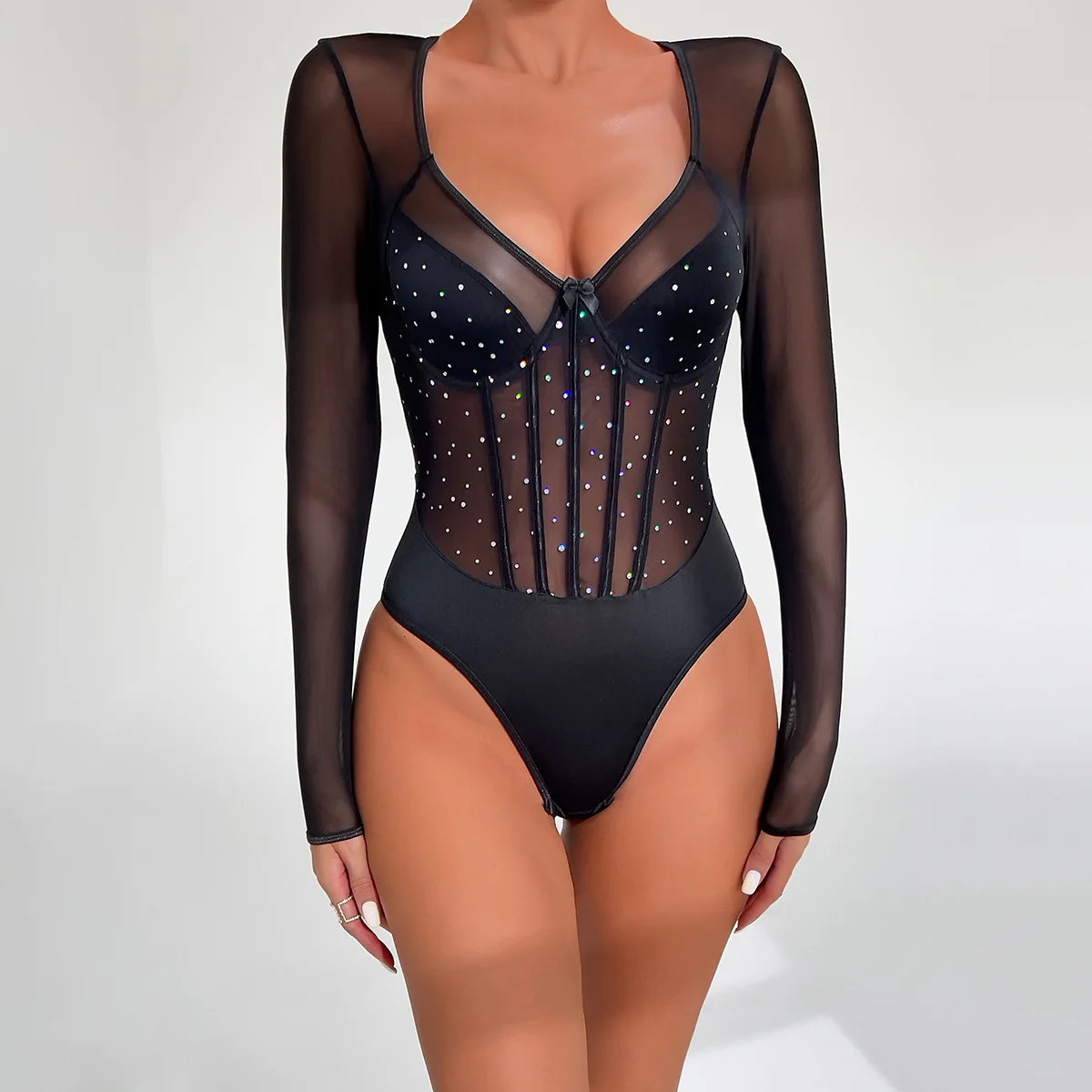 

Black Classic Women's Sparkling Glitter Royal Sister High End Long Sleeve jumpsuit sexy bodysuit lingerie